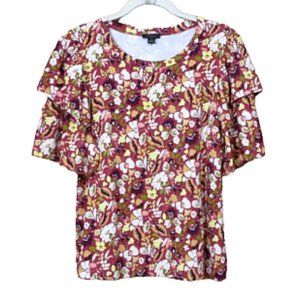 Ann Taylor Factory Floral Print Knit Top With Short Tiered Sleeves M